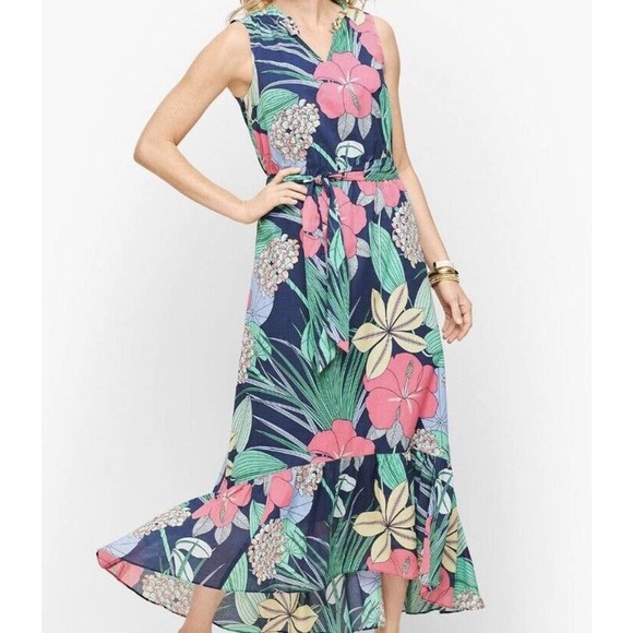 Talbots Dresses & Skirts - NWT Talbots Hibiscus Tropical Floral Print Midi Maxi Dress Size 4P Blue Pink